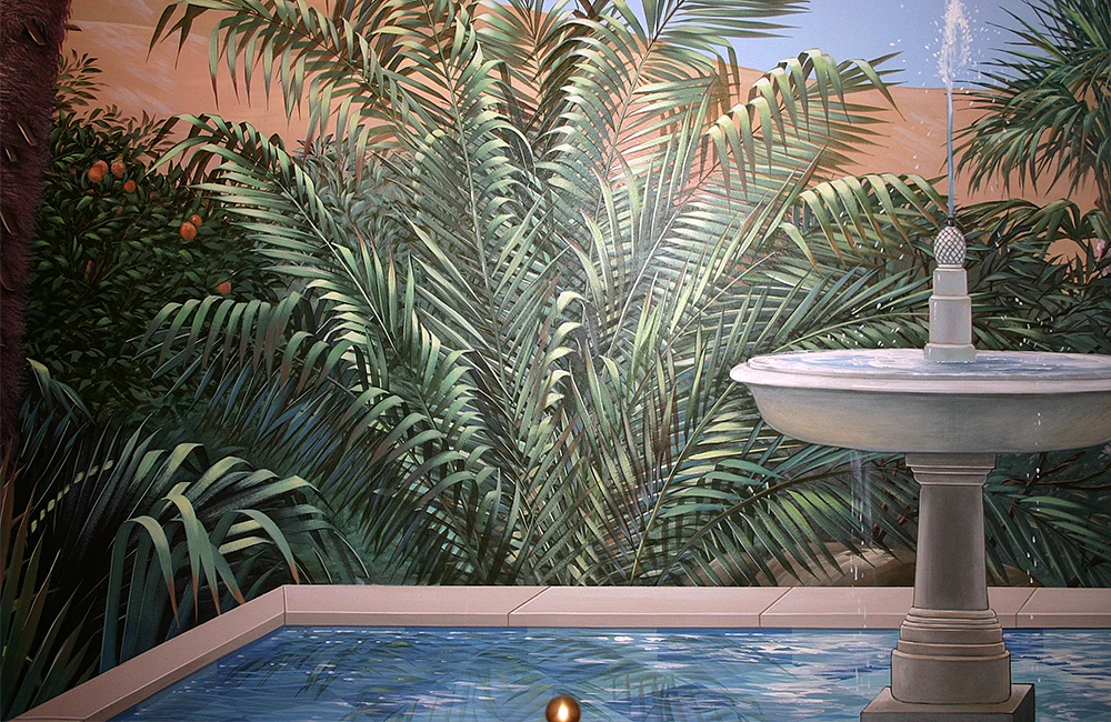 Wandmalerei in Bad und Wellness im marokkanischen Stil, Darstellung eines Brunnens.