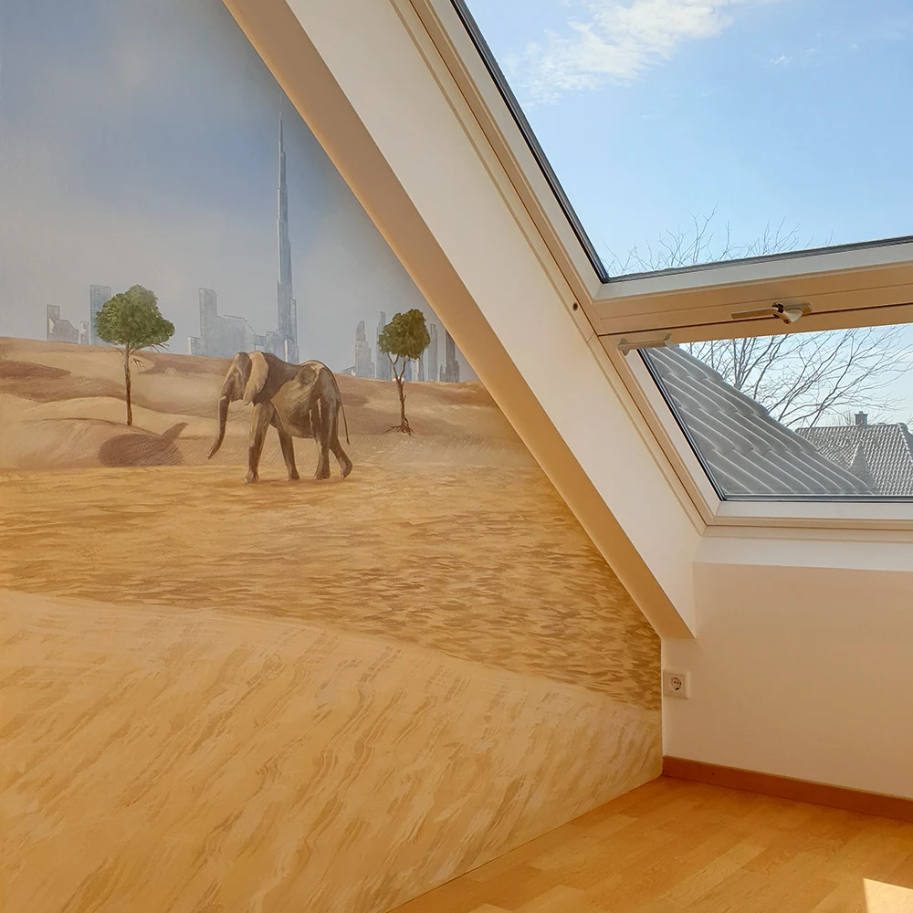 Wandmalerei für ein Jugendzimmer Thema DUBAI, Elefant
